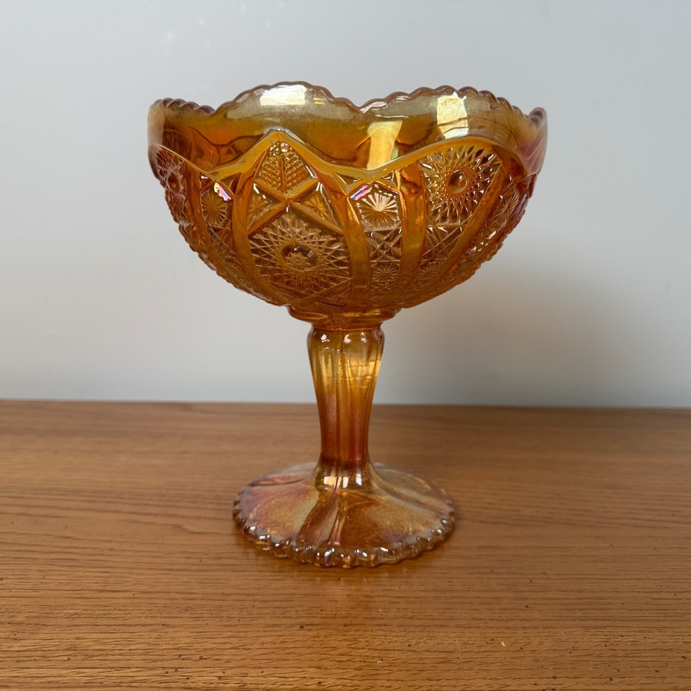 Orange Carnival Glass Compote‎ Imperial Glass Pedestal Bowl Vintage